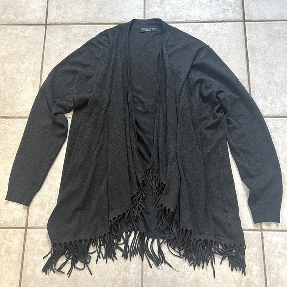 Central Park West Charcoal Gray Open-Front Fringe Cardigan Sweater - Picture 8 of 13